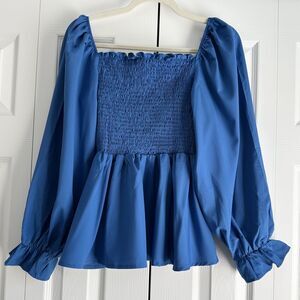 Women’s Blue Smocked Square Neck Peplum Blouse Puff Sleeve Size M Milkmaid
